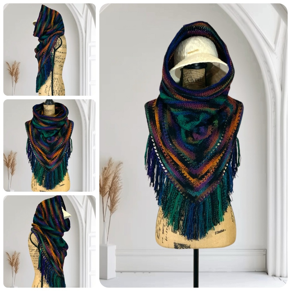Handcrafted Crochet Hooded Scarf With Fringe New One Size Adult